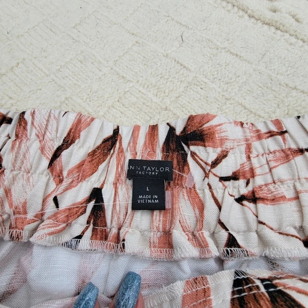 Ann Taylor Tie-Waist Linen Blend Midi Skirt Palm Leaf Print size L Maroon Ivory